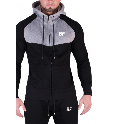 Grey/Black tight fit men hoodie with zip
